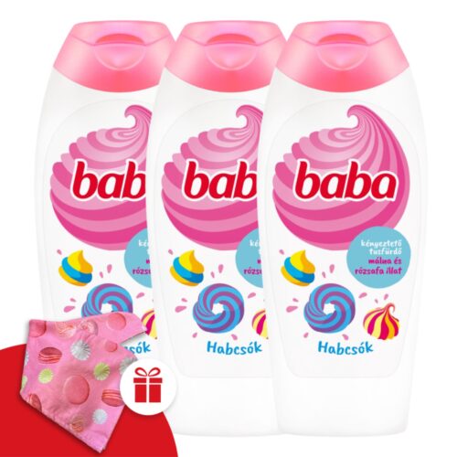 Baba Habcsók Tusfürdő Málna és Rózsafa 3x400ml + Ajándék Baba Hajturbán