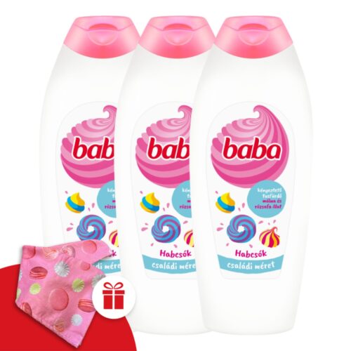 Baba Habcsók Tusfürdő Málna és Rózsafa 3x750ml + Ajándék Baba Hajturbán