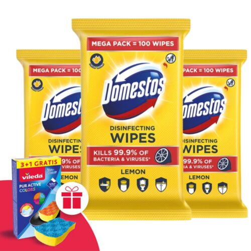 Domestos Higiénikus Törlőkendő Lemon 3x100db + Ajándék Vileda Szivacs