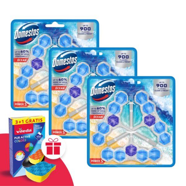 Domestos Power5 WC frissítő blokk Ocean (9x50g) + Ajándék Vileda Szivacs