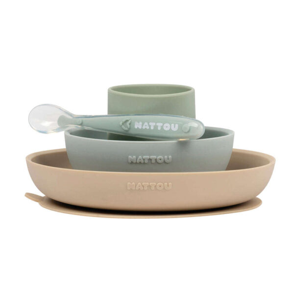 Nattou Baba Étkészlet - Szilikon - 4 részes - Homok-Zöld