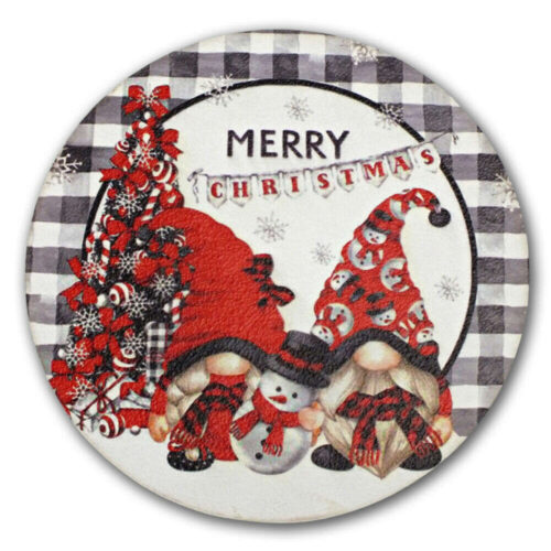 Nyomtatott fa tábla koszorú közép - Merry Christmas manós 14