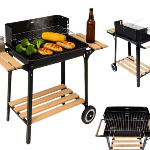 Pepita faszenes Kerti Grill fa polcokkal - fekete-barna