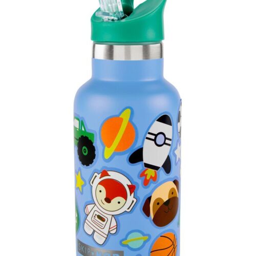 SKIP HOP Fľaša s nálepkami so slamkovým náustkom nerezová modrá 3...