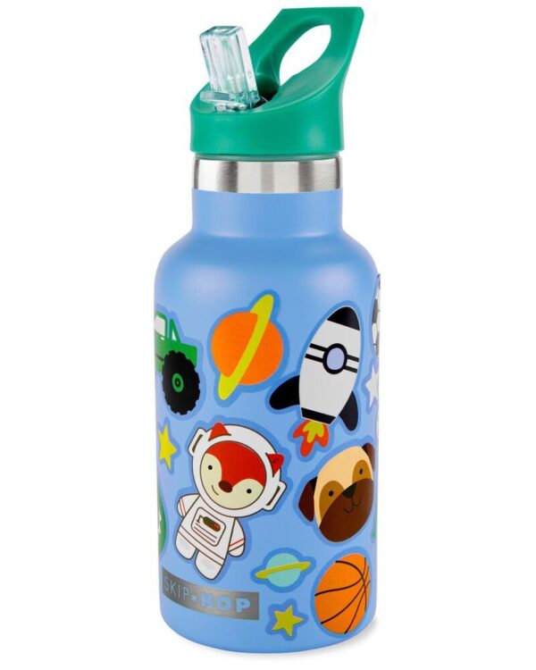 SKIP HOP Fľaša s nálepkami so slamkovým náustkom nerezová modrá 3...