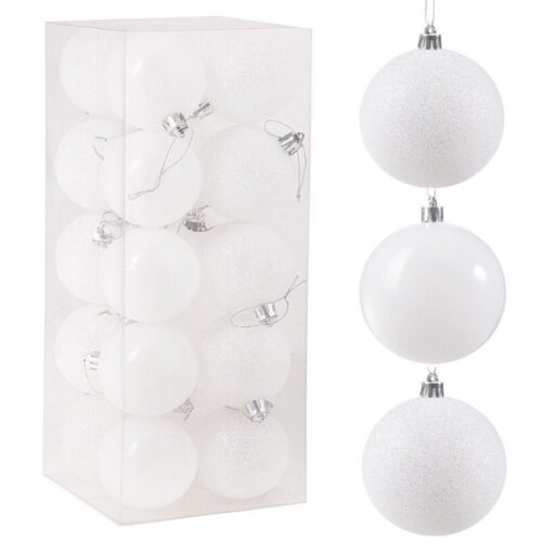 Springos Karácsonyfa gömbök 6 cm 20 db - fehér/csillámpor
